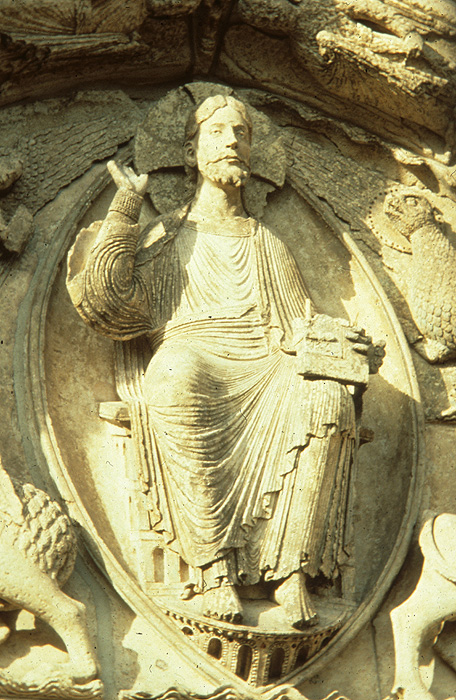 Exterior, west, central portal, detail