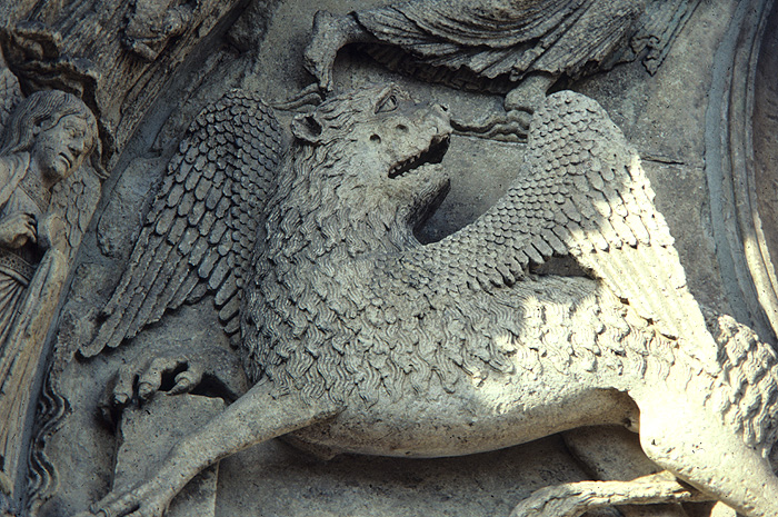Exterior, central portal, lion