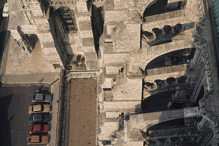 Exterior, buttresses from tower