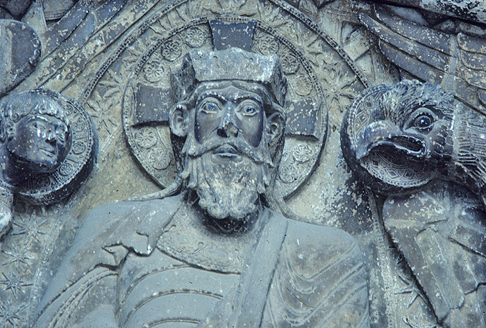 Exterior, tympanum, head of Christ, detail