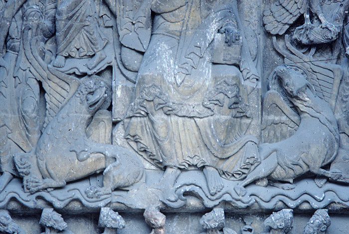 Exterior, tympanum, lion and ox, detail