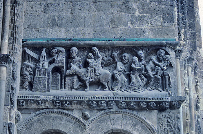 Exterior, south door, detail, flight into Egypt
