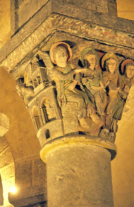 Interior, cloister, left, the tomb, right, female saints