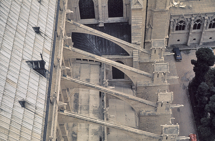 Exterior, buttresses from tower
