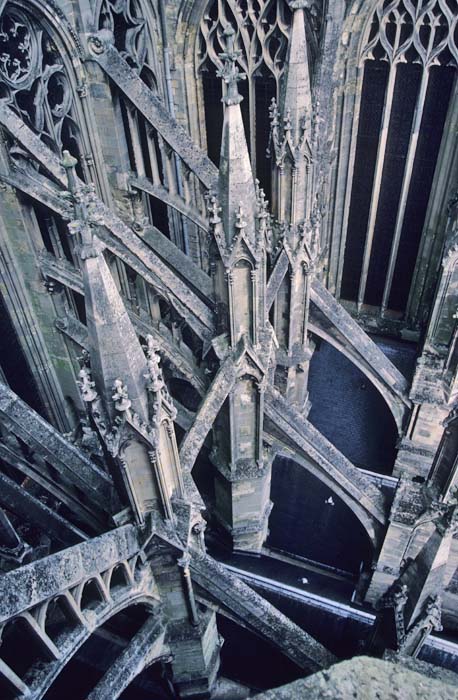 Exterior, buttresses, from roof