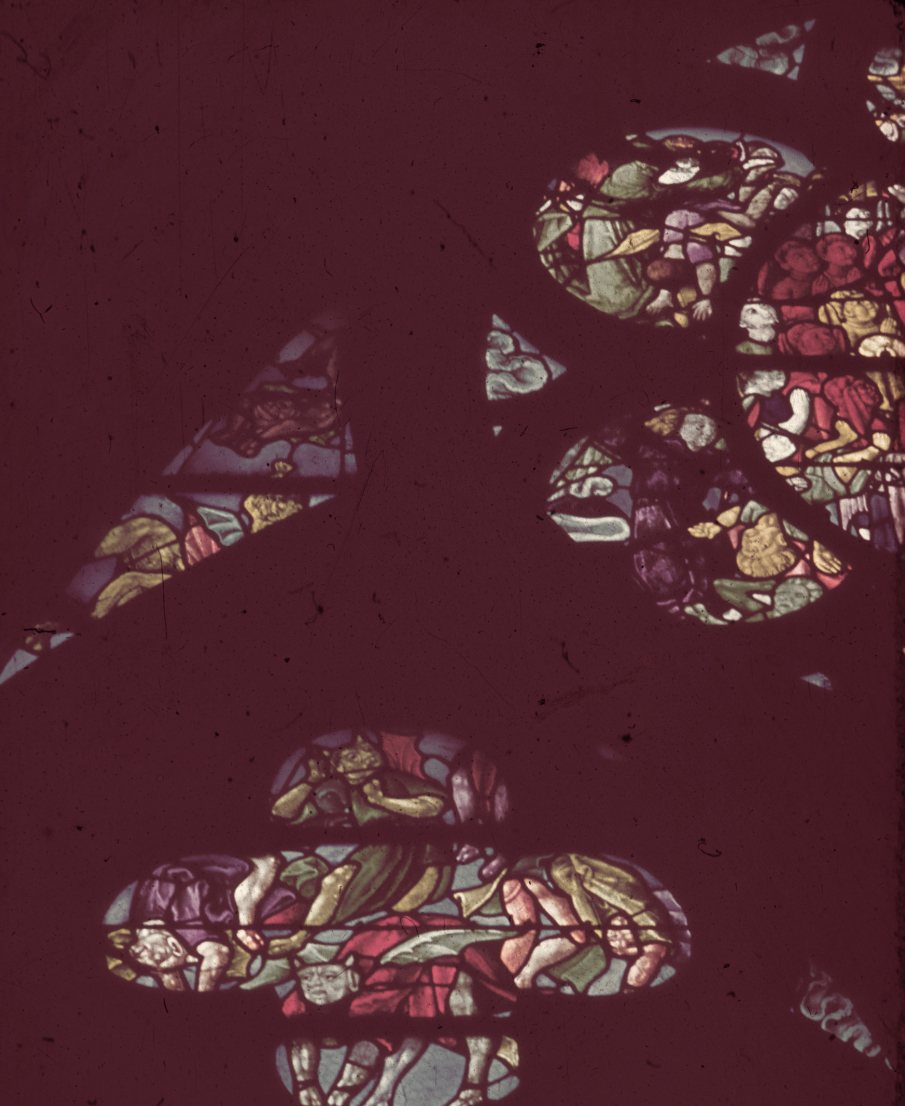 Nave, south, aisle bay window  9, quatrefoil above lancets 1 and 2
