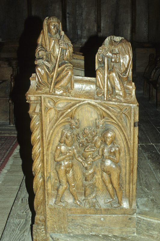 Adam and Eve, Fall of Man, misericord, Simorre, Saint-Cérase, Sequence: Jouée.