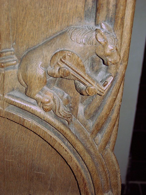 Ass, as Musician, wooden armrest, Emmerich am Rhein, Sankt Martin.
