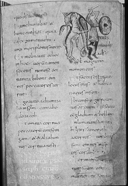 David, Slaying Lion, Corbie Psalter, early 9th century, fol. 67r