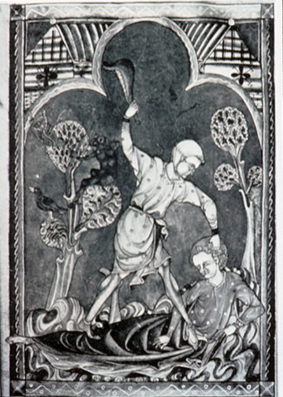 Cain killing Abel. St John's College MS K.26 fol. 6.