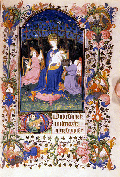 Virgin Mary and Christ Child in garden with musician angels