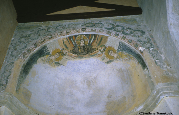 Poreč, Basilica of Euphrasius, North apse, semidome: Christ, Crowning with possibly Cosmas and Damian of Cilicia.
