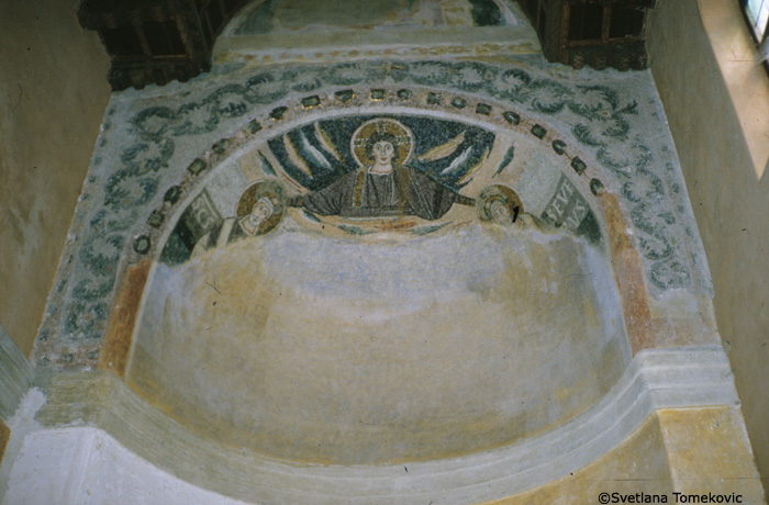 Poreč, Basilica of Euphrasius, south apse, semidome, mosaic: Christ, Crowning with Severus of Ravenna and Bishop Saint.