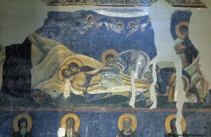Fresco, nave, north arm, north wall, showing Christ: Bewailing (Lamentation)