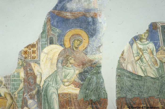 Fresco, nave, west arm, west wall, showing Virgin Mary: Birth, detail