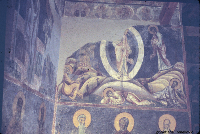 Fresco, nave, south arm, west wall, showing Christ: Transfiguration