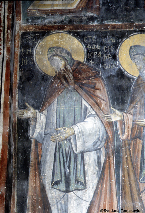 Fresco, south wall showing Stefan the first, crowned  and Simeon the monk (detail)