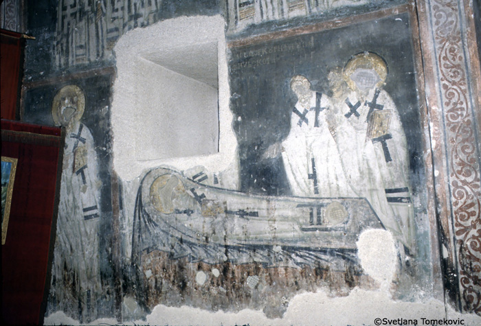 Fresco, narthex, north wall showing death of nimbed male figure