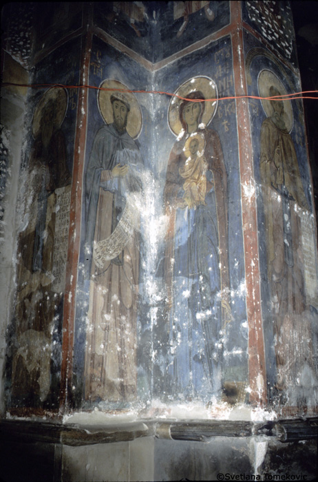 Fresco, southwest pilaster, showing Barlaam, Josaphat and the Virgin Mary and Christ Child