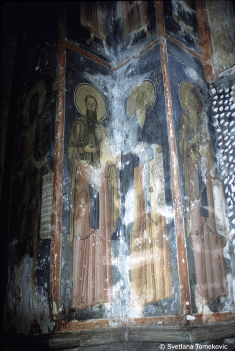 Fresco, northwest pilaster, showing John Baptist, Stephen the Younger, Hilarion and a monk