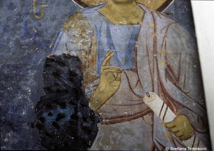 Painting, north image of the iconostasis, showing Stephen (detail of hands)