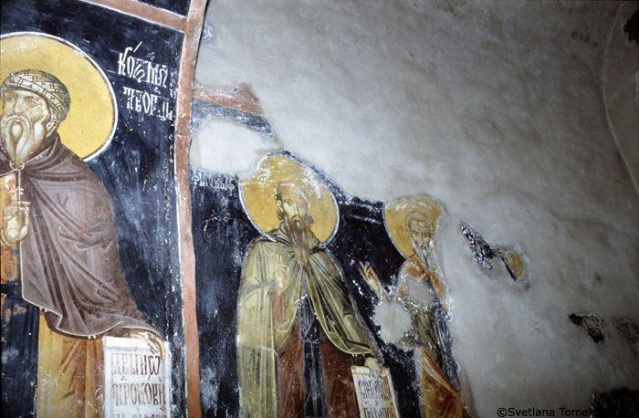 Fresco, north transept, west wall, showing three saints