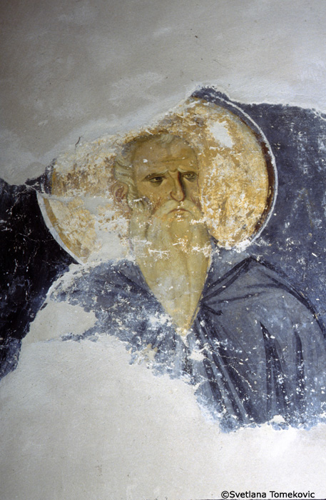 Fresco, south transept, west wall, showing monk saint, Nilos