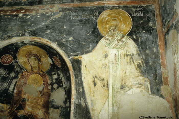 Fresco, south transept, east wall, showing Virgin Mary and Christ Child, and saint