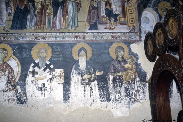 Fresco, north wall, showing Sabas I of Serbia, Stephen Nemanya, Virgin Mary and Christ Child