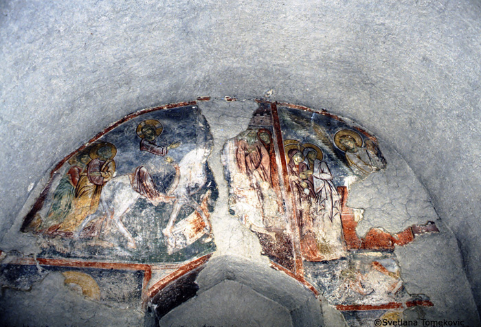 Fresco, west wall, showing Christ: Entry into Jerusalem and Holy Women: at Sepulcher