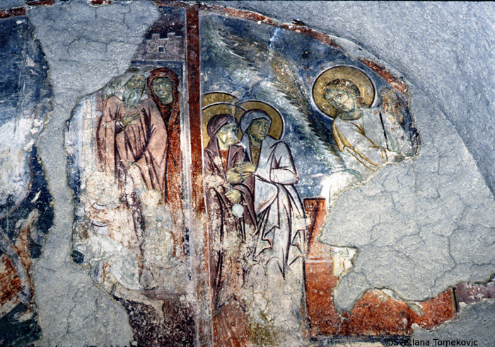 Fresco, west wall, showing Holy Women: at Sepulcher (detail)