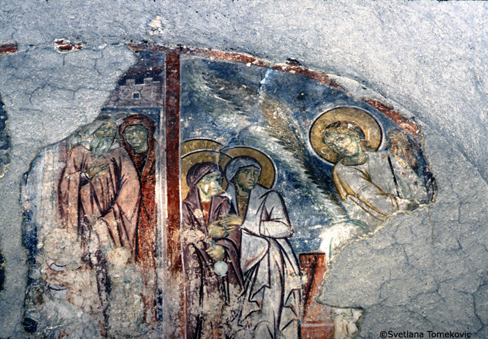 Fresco, west wall, showing Holy Women: at Sepulcher (detail)