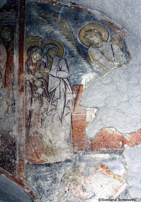 Fresco, west wall, showing Holy Women: at Sepulcher (detail)