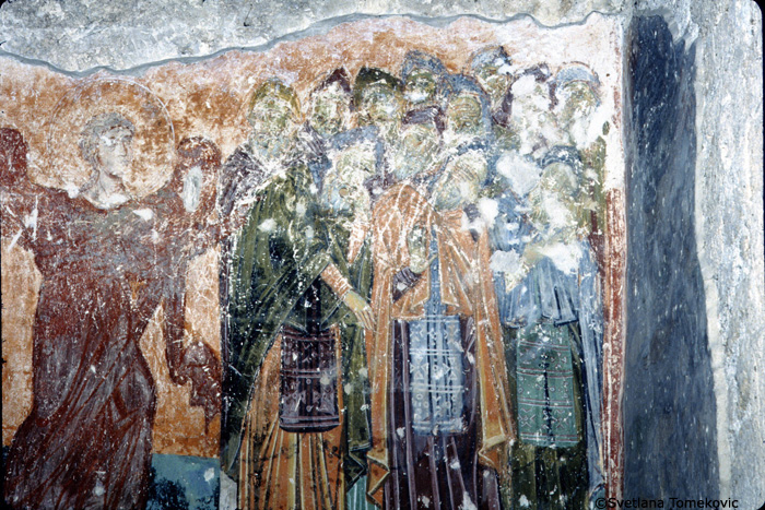 Fresco, narthex, south wall showing angel, false prophets and apostles