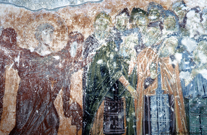 Fresco, narthex, south wall, second pilaster showing angel, false prophets and apostles (detail)