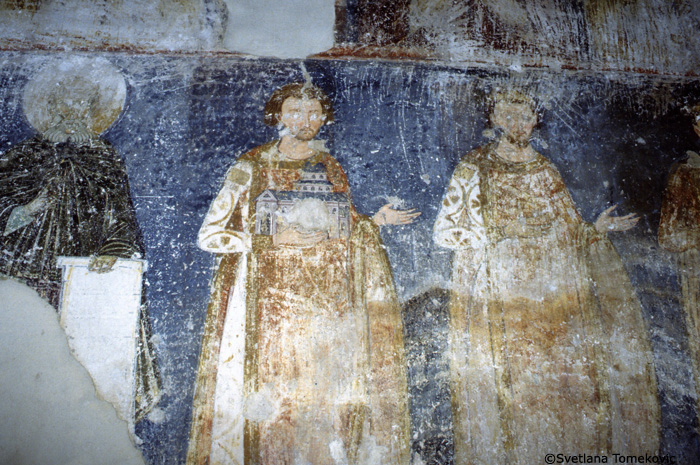 Fresco, narthex, north wall showing Sabas of Jerusalem, Vladislav Nemanyic and  Radislav (Stephen II Nemanyic)