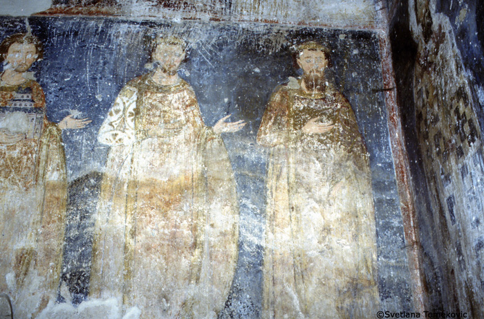 Fresco, narthex, north wall showing Vladislav Nemanyic, Radislav (Stephen II Nemanyic) and Stephen I Nemanyic