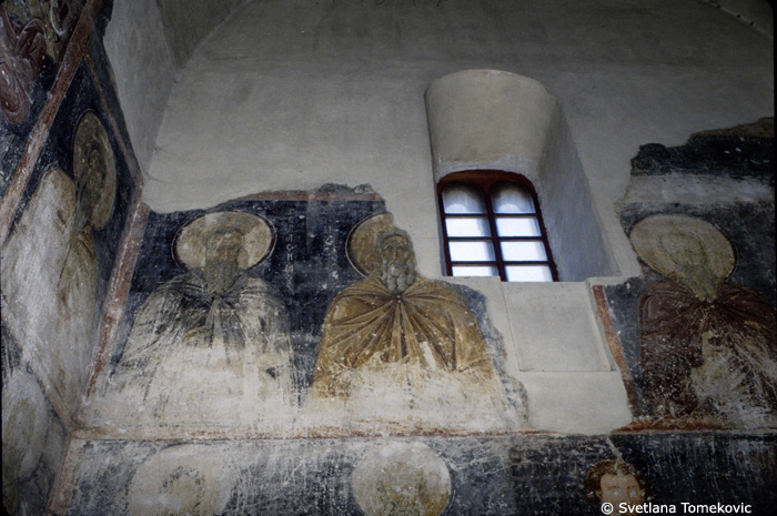 Fresco, narthex, north wall showing Gerasiumus of Lycia and monk saint