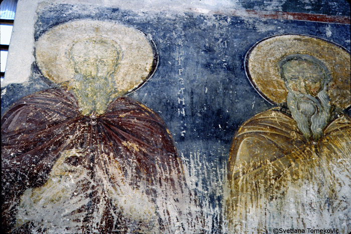 Fresco, narthex, north wall showing Saint John and Hilarion of Cyprus