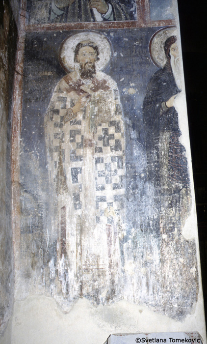 Fresco, narthex, east wall showing Sabas I of Serbia and Stephen Nemanya