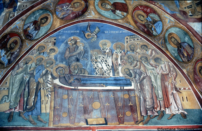 Naos, East Bay, South Wall, Tympanum, Fresco, Dormition