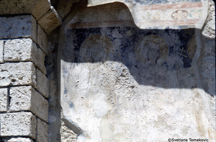 Fresco, exterior, south facade, showing tomb of the martyrs