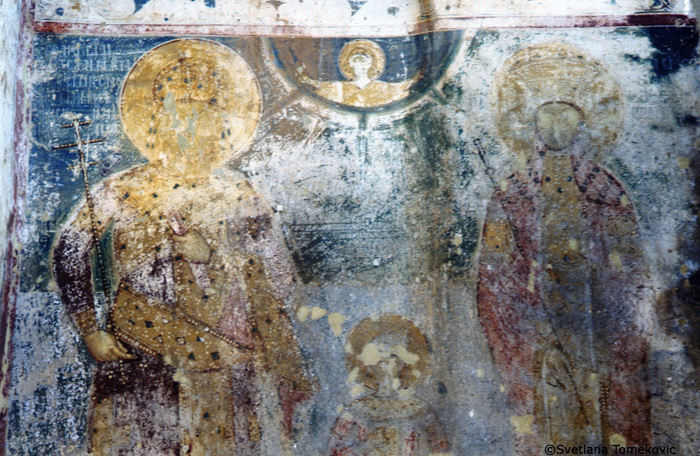 Fresco, exterior, south facade, showing Stephen Dushan, Stephen VIII Nemanyic (Uros IV) and Helen II of Serbia