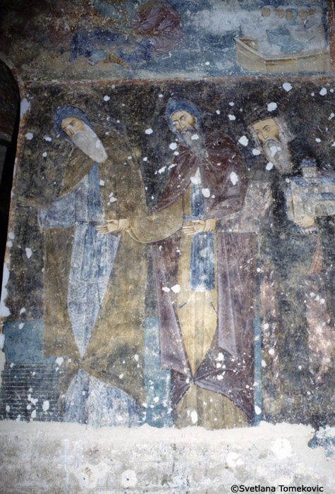 Fresco, nave, west bay, south wall, showing Stephen Nemanya as Saint Simeon, Stephen I Nemanyic (Stephen the First-Crowned) as Saint Simon, and Stephen III Nemanyic (Uros I)
