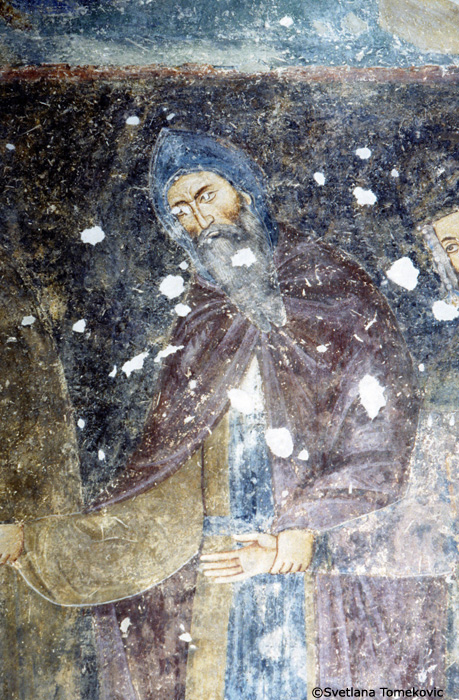 Fresco, nave, west bay, south wall, showing Stephen I Nemanyic (Stephen the First-Crowned) as Saint Simon