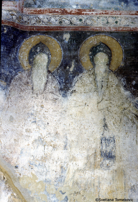 Fresco, outer narthex, east wall, Stephen III Nemanyic (Uros I) as Saint Simon, and Stephen Nemanya as Saint Simeon, both as monks