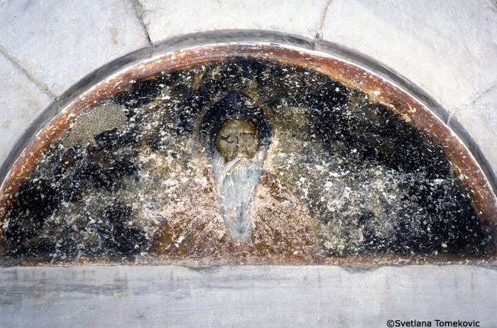 Fresco, narthex, south wall, lunette above the entrance door to the south chapel, showing Stephen Nemanya as Saint Simeon