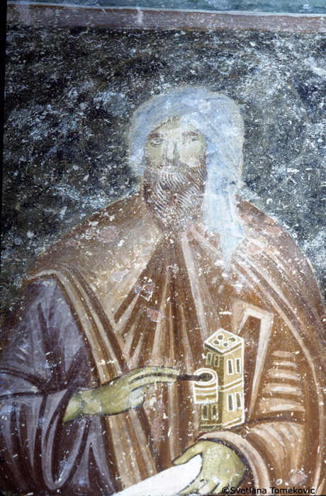 Fresco, narthex, west wall showing, a monk to the left of Paul the Hermit (Paul of Thebes) (detail)