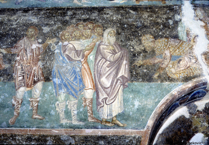 Fresco, narthex, west wall, showing Joseph: meeting Jacob at Goshen
