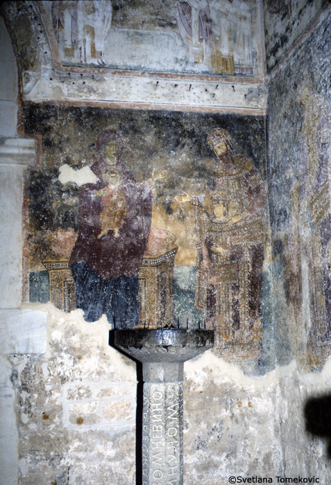 Fresco, narthex, east wall, showing Virgin Mary and Christ Child, and Stephen III Nemanyic (Uros I) with Stephen IV Nemanyic (Dragutin)